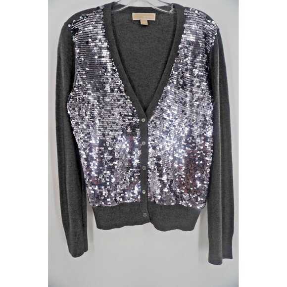 MICHAEL Michael Kors Grey Silver Sequin V-Neck Button Front Cardigan Sweater SzM - Picture 1 of 10